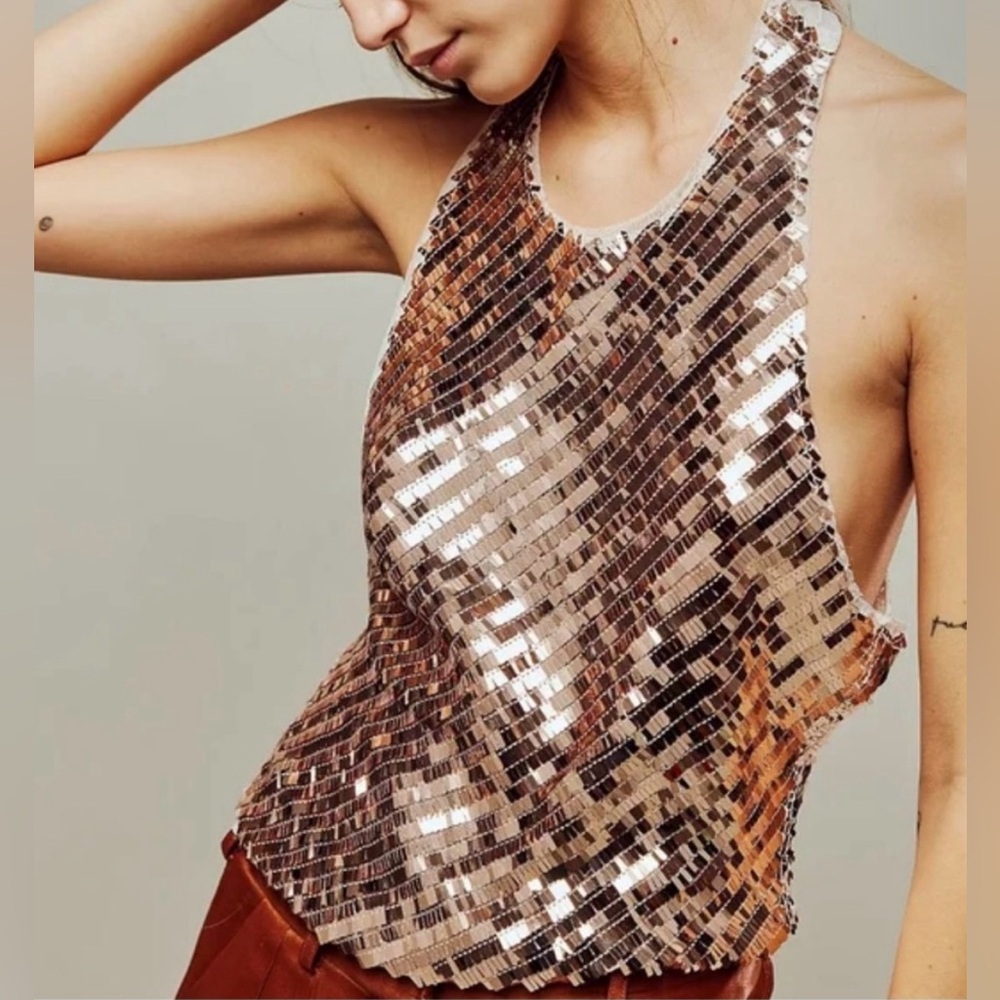 Free People Sequin Tank Top in Rose Gold
